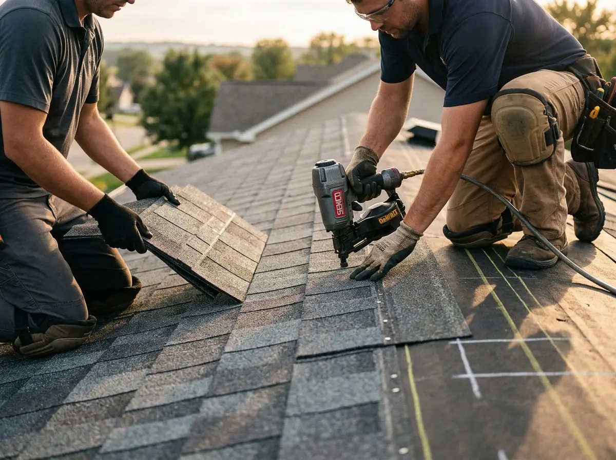 Professional roofer working on a residential roof in North Stonington